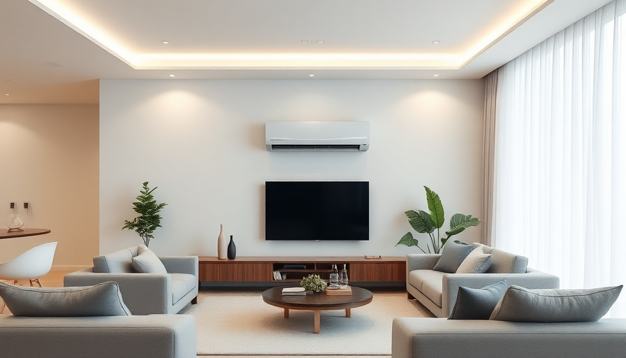 A modern living room with a sleek, minimalist design. A Samsung Bespoke AI Windless Air Conditioner Gallery is seamlessl