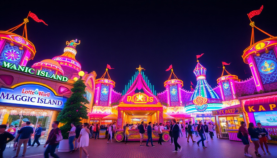 A family of four smiling and holding tickets in front of the Lotte World Adventure entrance, sunny day, vibrant colors.