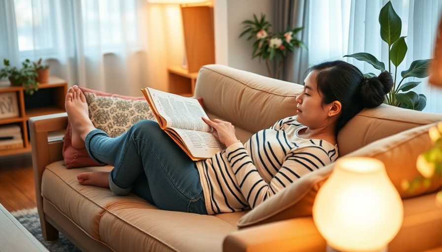 A person relaxing on a 릴렉스 캠핑 체어 (등받이 각도조절) in a cozy living room, reading a book with soft lighting.