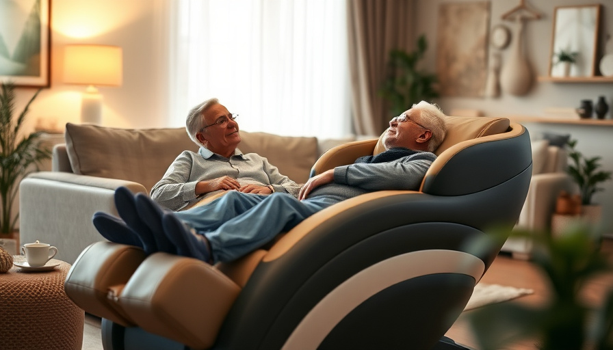 A cozy living room with a senior couple relaxing on a massage chair, soft lighting, warm colors.