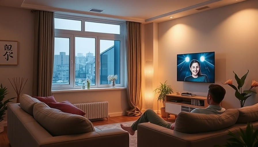 A cozy living room with a <span class="product">LG 휘센 오브제컬렉션 엣지</span> installed in a window, soft lighting, and a perso