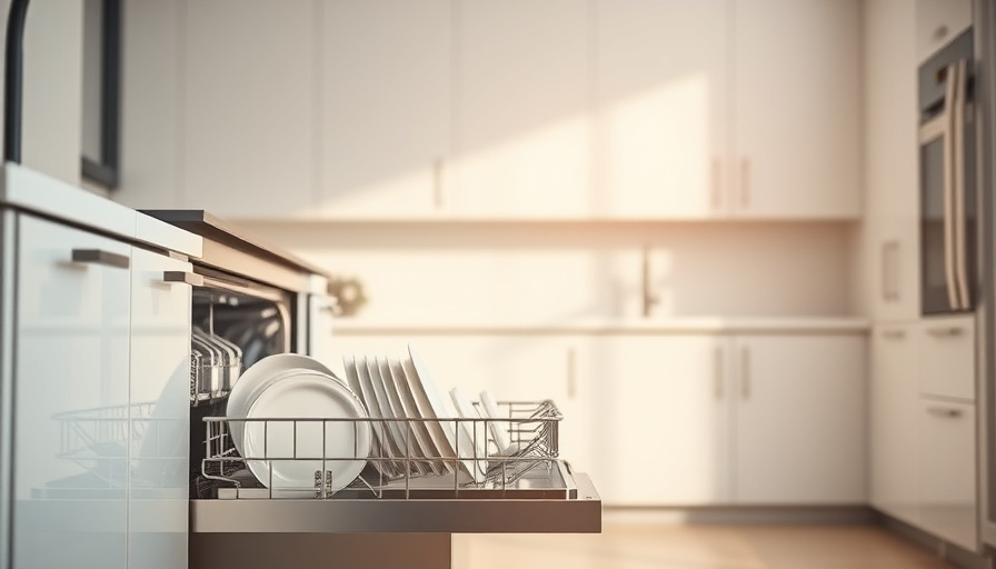 A modern, bright kitchen with a sleek LG Dishwasher prominently featured. The dishwasher is open, showcasing sparkling c