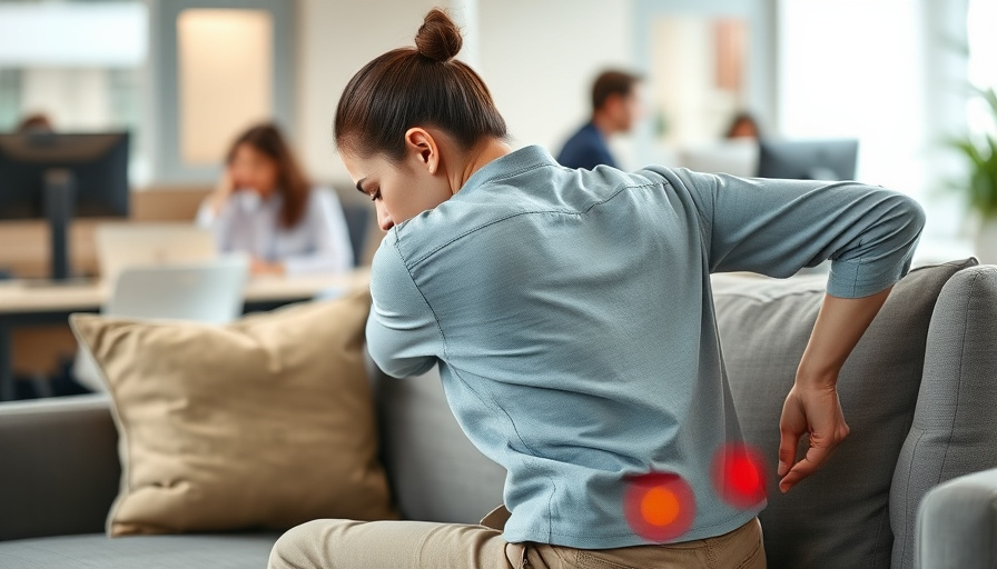 A person sitting on a sofa, looking tired and holding their lower back, with a blurred background suggesting a busy offi