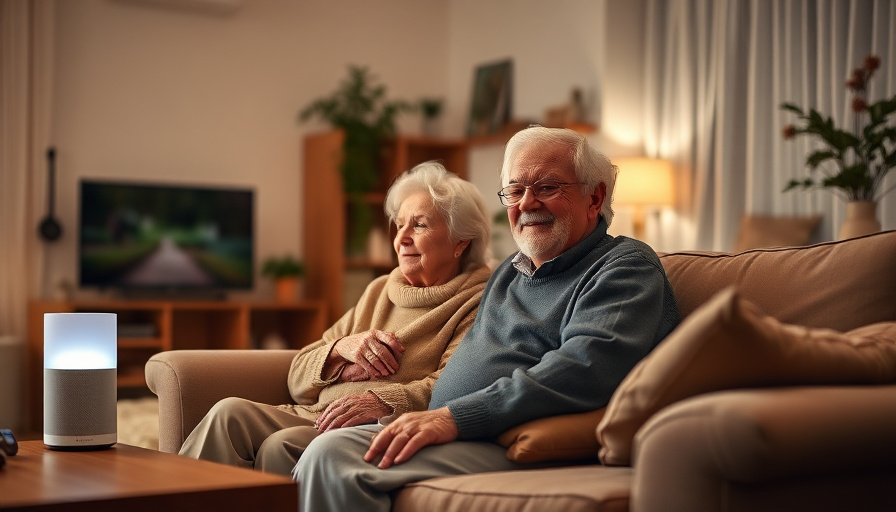 A cozy living room with an elderly couple comfortably sitting on a sofa, watching TV with a Mirai speaker on a side tabl