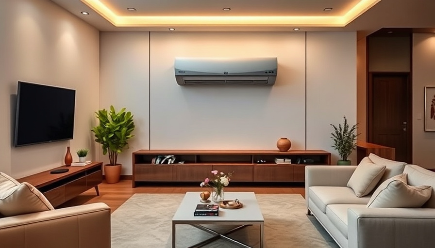A stylish living room with a LG Whisen Obje Collection Edge air conditioner seamlessly integrated into the interior desi