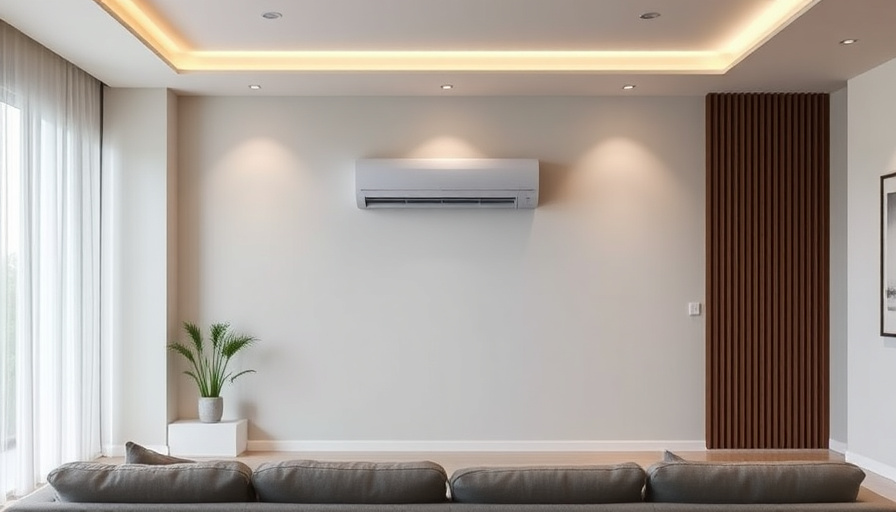A modern living room with a sleek, minimalist design. A Samsung Bespoke AI Windfree Combo Gallery Pro air conditioner is