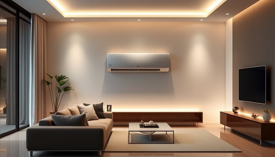 A modern living room with a sleek, minimalist design. The LG Whisen Object Collection Edge Air Conditioner is seamlessly