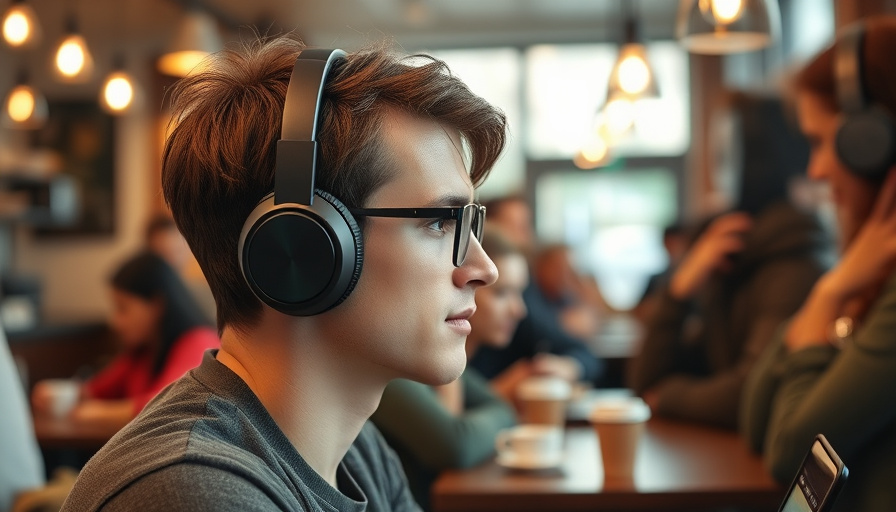 A person wearing noise-canceling headphones in a busy coffee shop, looking focused and productive. Soft, warm lighting.