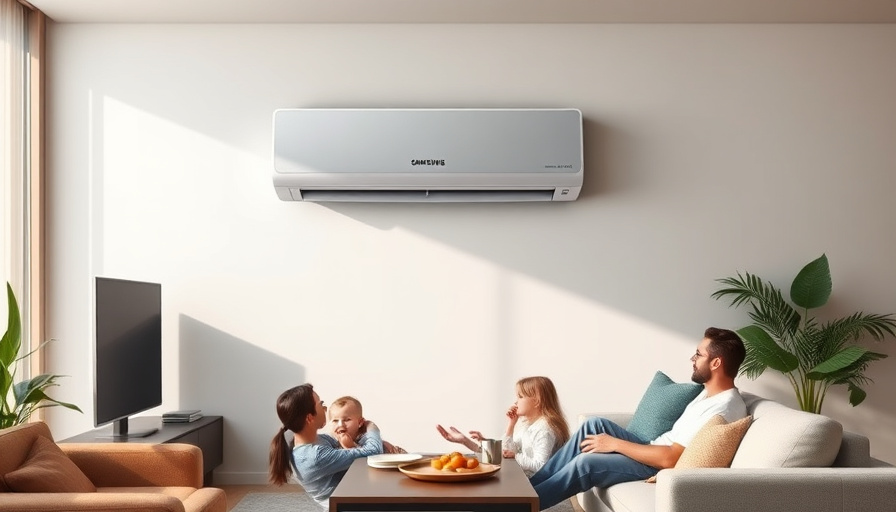 A modern living room with a sleek Samsung Bespoke AI Windless Air Conditioner Gallery Pro mounted on the wall. Soft, dif