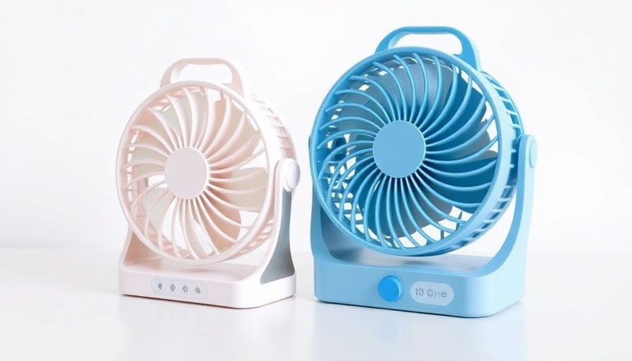 Close-up shot comparing the size and design of the two portable fans, the 프롬비 and 루메나, side by side on a white surface. 