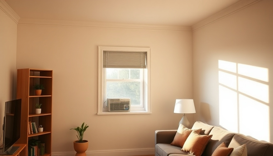 A cozy living room with a small window and a window air conditioner installed. Soft lighting, warm colors, and a comfort