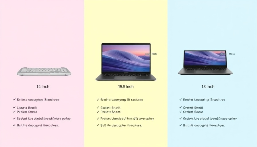 A split screen showing three laptops: a 14-inch, a 15.6-inch, and a 13-inch, each with key features highlighted.