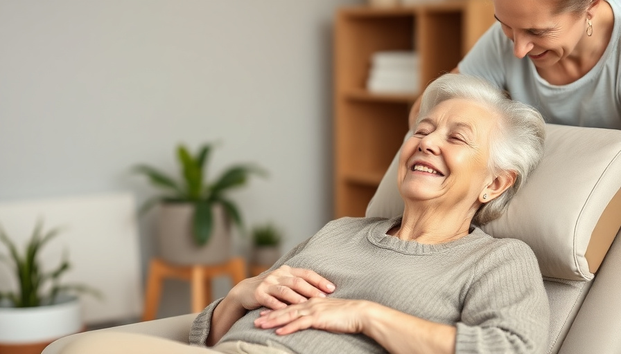 A happy elderly woman enjoying a massage on her chair, with a caring family member nearby.