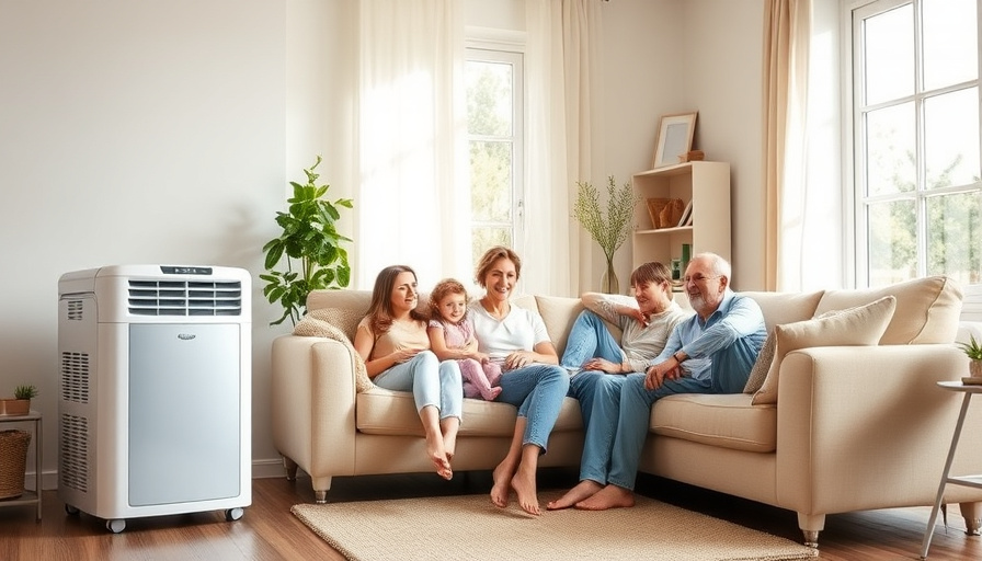 A bright and airy living room with a dehumidifier in the corner, sunlight streaming through the window. A family is rela