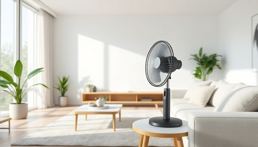 A bright and airy living room with a FAN STAND 4 on a side table, casting a soft breeze. Focus on the sleek design and m
