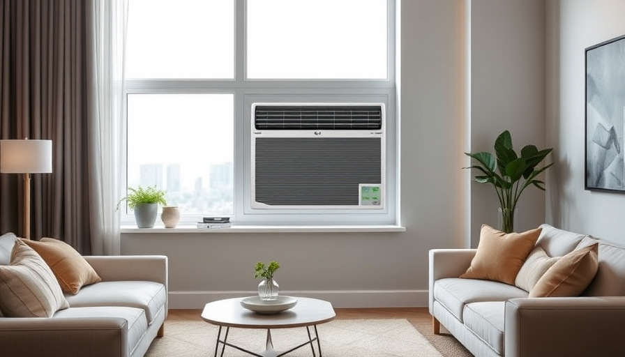 A stylish living room with a modern window, showcasing the LG Whisen Obje Collection Edge window air conditioner seamles