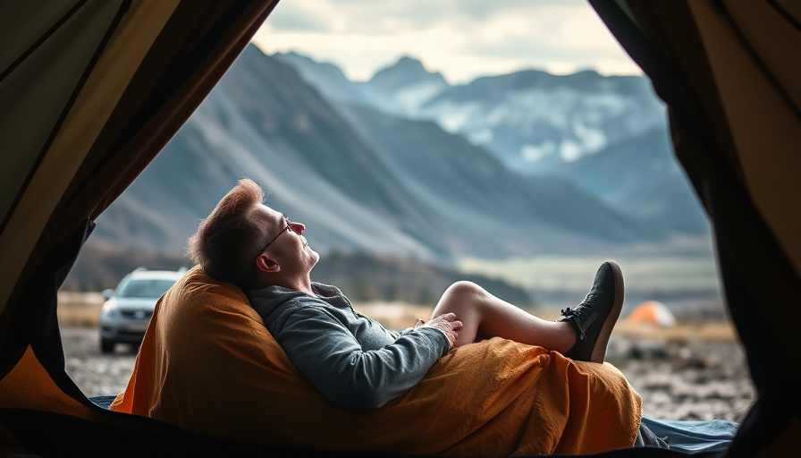 A person enjoying a relaxing moment in a 릴렉스 캠핑 체어 at a scenic campsite, with mountains in the background. Emphasize com