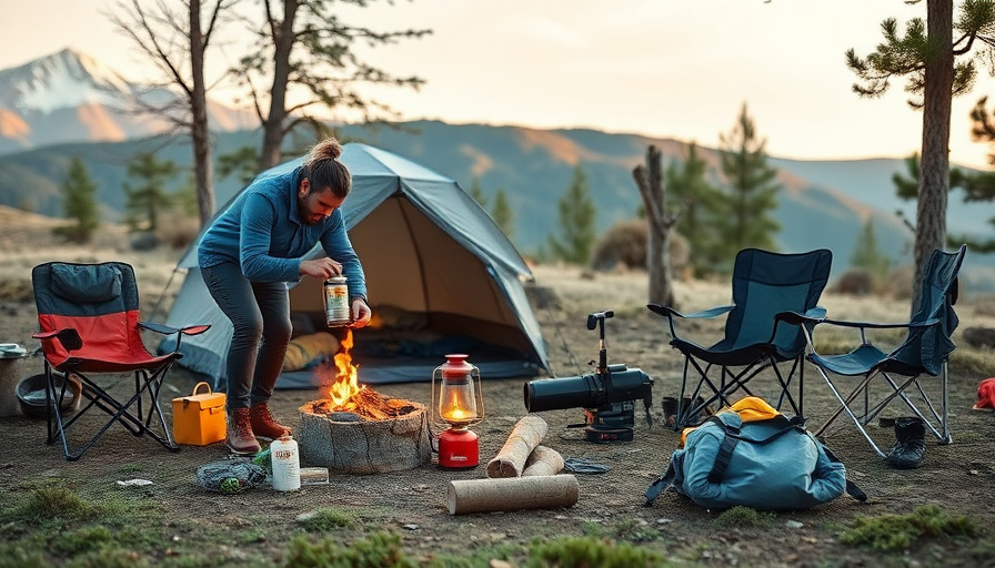 A person setting up a campsite with various camping gear, including a lantern, stove, and chairs, in a scenic outdoor se