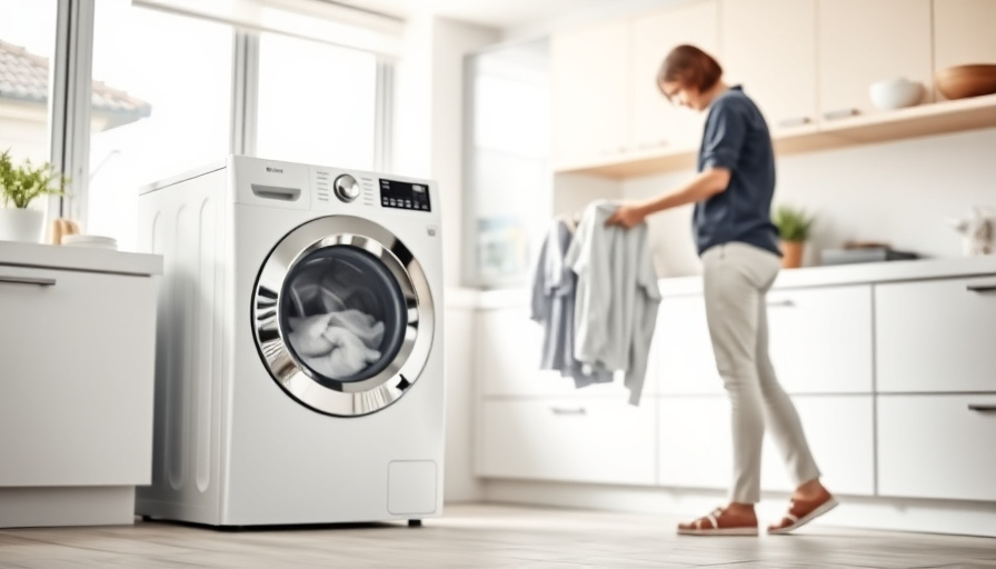 A modern, bright kitchen with a LG washing tower in the background. A person is loading laundry into the machine. Focus