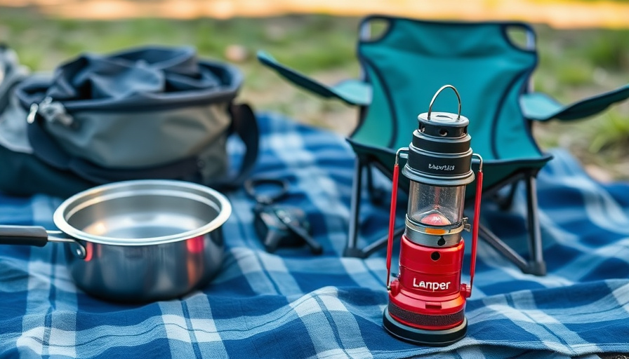 A close-up shot of different camping gear – a cooking set, a lightweight chair, and a lantern – laid out on a picnic bla