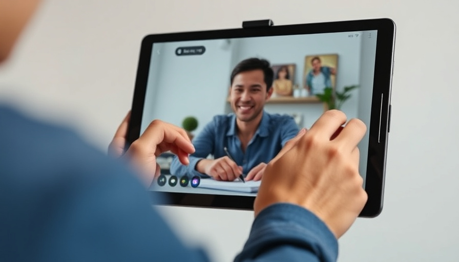 A person using a Samsung Galaxy Tab S9 FE for note-taking during a video call, clean background, soft lighting.