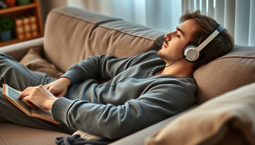 A person relaxing on a couch, listening to music with wireless earbuds, a book resting beside them. Cozy and inviting at