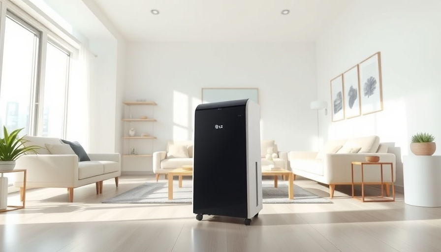 A bright and airy living room with a LG Whisen object collection dehumidifier (25L model) prominently displayed, showcas