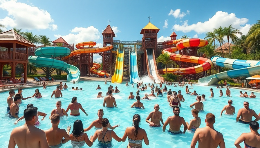 A vibrant and sunny day at Caribbean Bay water park, showing people enjoying the water slides and pools. Focus on the ex