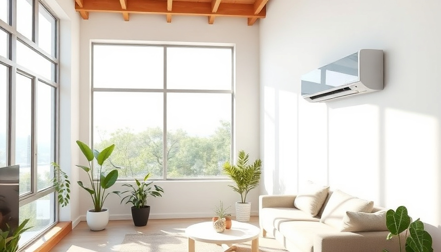 A modern living room with a large window, sunlight streaming in, and a sleek Samsung air conditioner installed on the wa