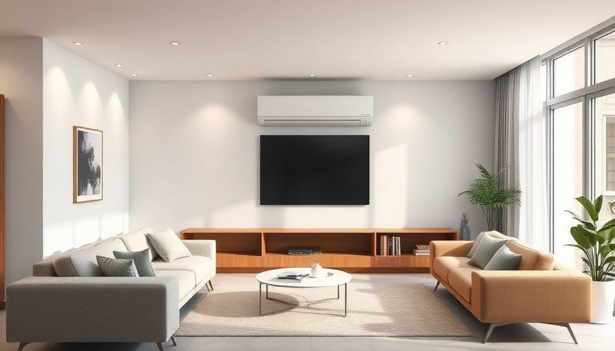A modern living room with a spacious feel, featuring a sleek, white Carrier The Premium Aero 18-unit air conditioner mou