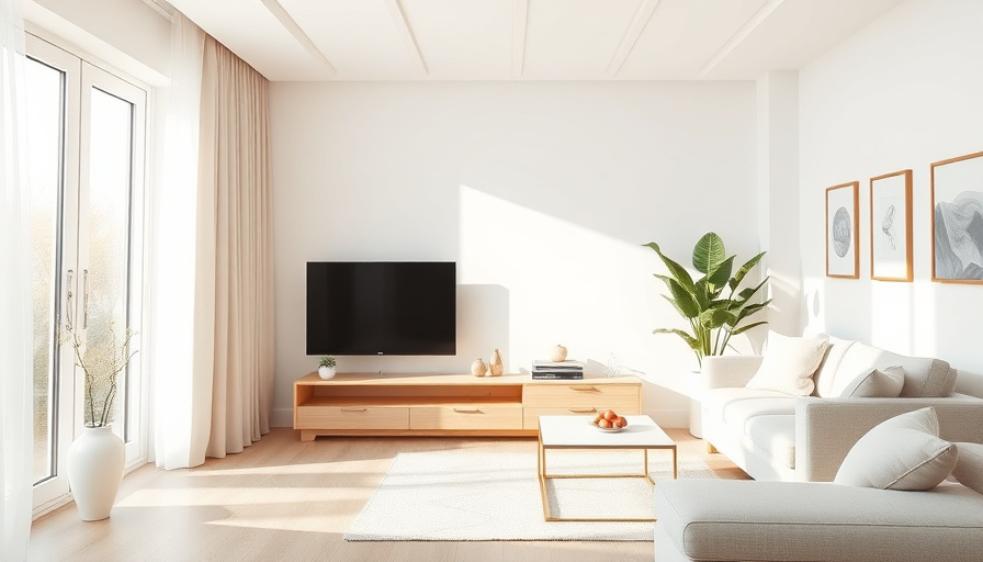 A bright and airy living room with a modern design. A LG 휘센 오브제컬렉션 에어컨 is subtly integrated into the room's decor, showc