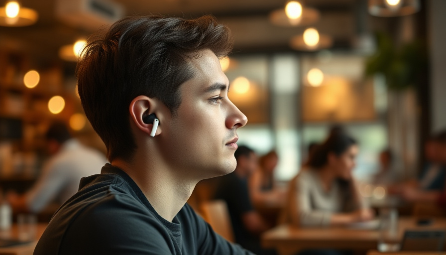 A person wearing wireless earbuds, looking relaxed and focused while working in a busy cafe. Soft lighting, shallow dept