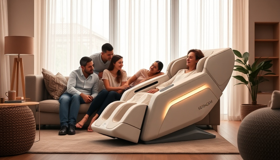 A living room with a modern aesthetic, a family gathered around a sleek, white Seragem Master V7 massage chair. Soft, wa