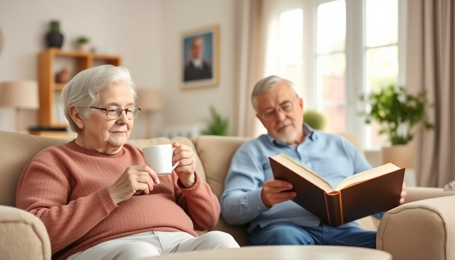 A warm, inviting living room scene with an elderly couple relaxing. One is enjoying a cup of tea while the other is read