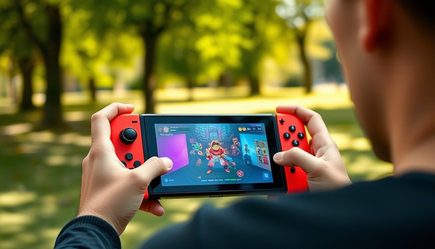 A person playing Nintendo Switch OLED in a park on a sunny day, focusing on the vibrant OLED screen displaying a colorfu
