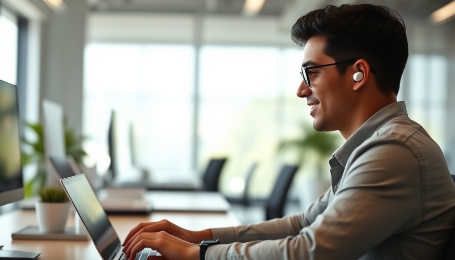 A person sitting at a desk in a modern office, wearing wireless earbuds and looking focused on a laptop. Soft, natural l