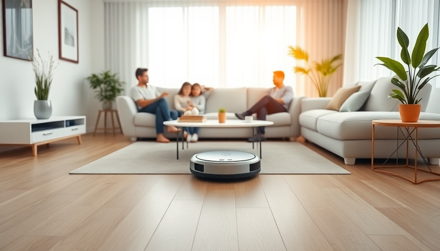 A bright, modern living room with a LG Code Zero Obje Collection R9 robot vacuum cleaner in the center, cleaning the flo