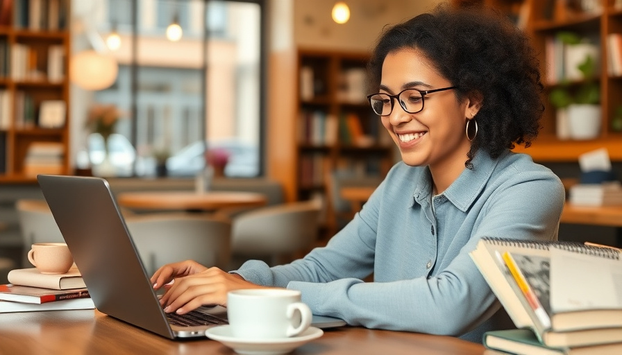A person happily using a laptop in a cafe, surrounded by books and coffee. The scene conveys a sense of productivity and