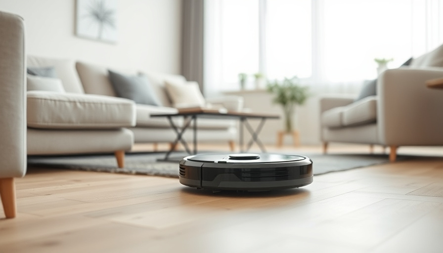 A modern living room with a robot vacuum cleaner in action, seamlessly navigating around furniture. Soft, natural light 