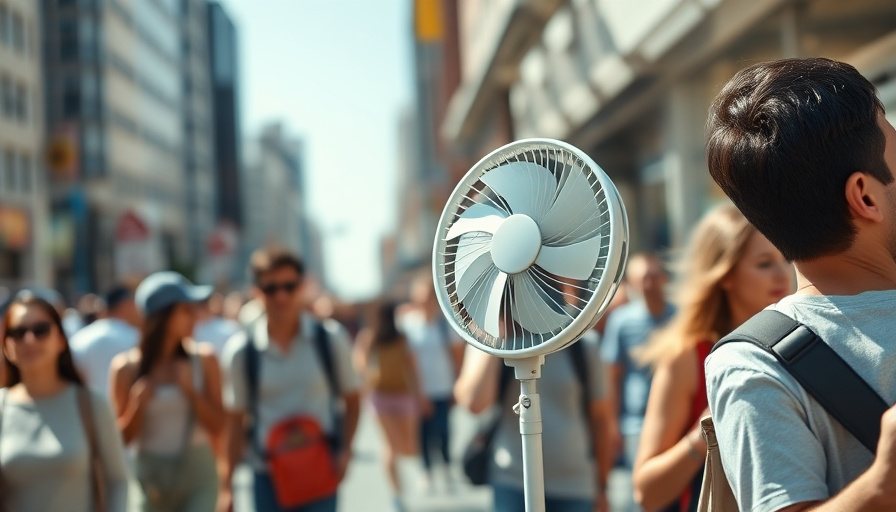 A person happily using a portable fan while commuting on a crowded city street during a sunny day. The fan is brightly l