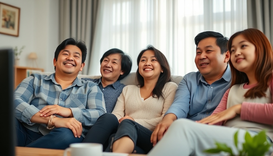 A family relaxing in a comfortable living room with an LG 휘센 오브제컬렉션 타워I 에어컨. The room is cool and inviting, suggesting a