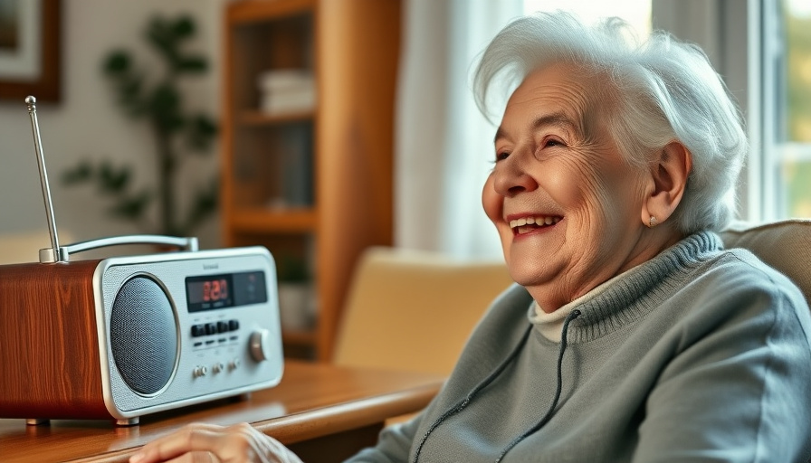 A smiling elderly woman using the Mirai speaker to listen to the radio. Bright and cheerful atmosphere.