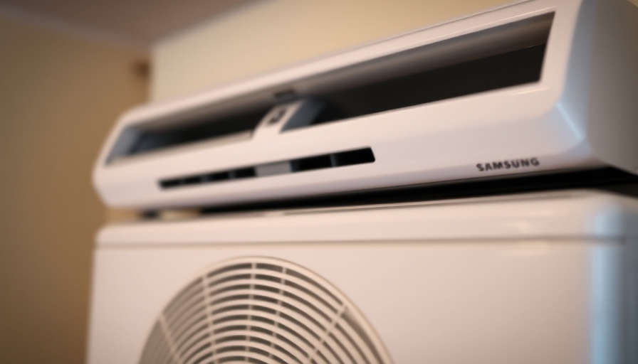 Close-up shot of a Samsung and LG air conditioner unit, highlighting the design and features, with a subtle bokeh effect
