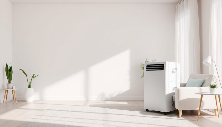 A bright and airy living room with a LG Whisen portable air conditioner in the corner, showcasing its sleek design. Soft