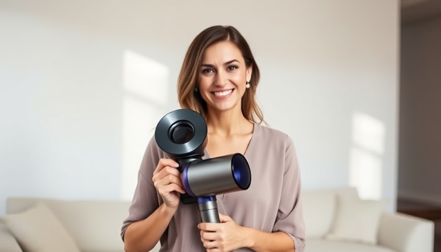 A woman in her late 20s, stylishly dressed, is holding a Dyson Airwrap Complete, smiling confidently. Soft, natural ligh