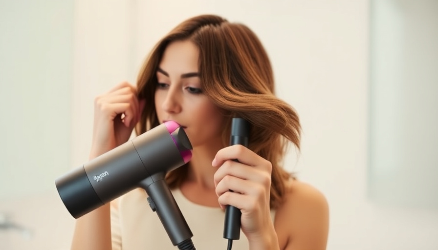 A woman with medium-length hair is styling her hair with a Dyson Supersonic hair dryer in a bright, modern bathroom. The