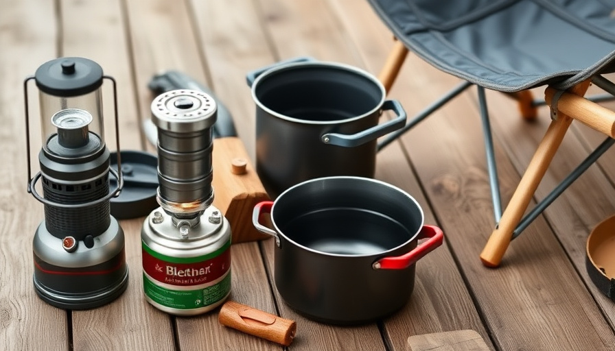 Close-up shot of different camping gear – a lantern, a stove, a pot, and a chair – laid out on a wooden surface, highlig