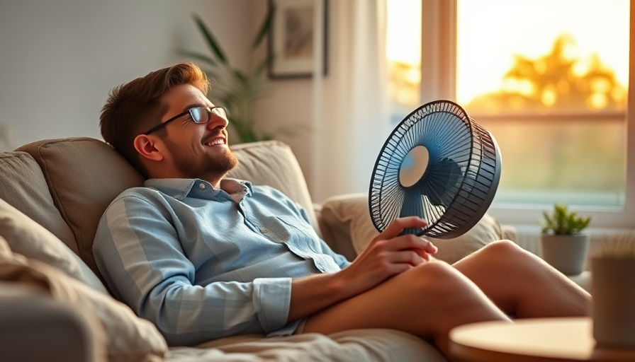 A person relaxing at home with a portable fan, enjoying a cool breeze on a hot summer evening.  The scene is cozy and in