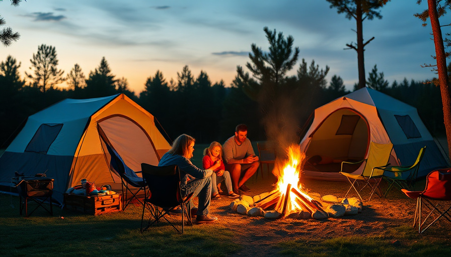 A cozy campsite at dusk with a family gathered around a campfire, showcasing various camping gear like a tent, cooking s
