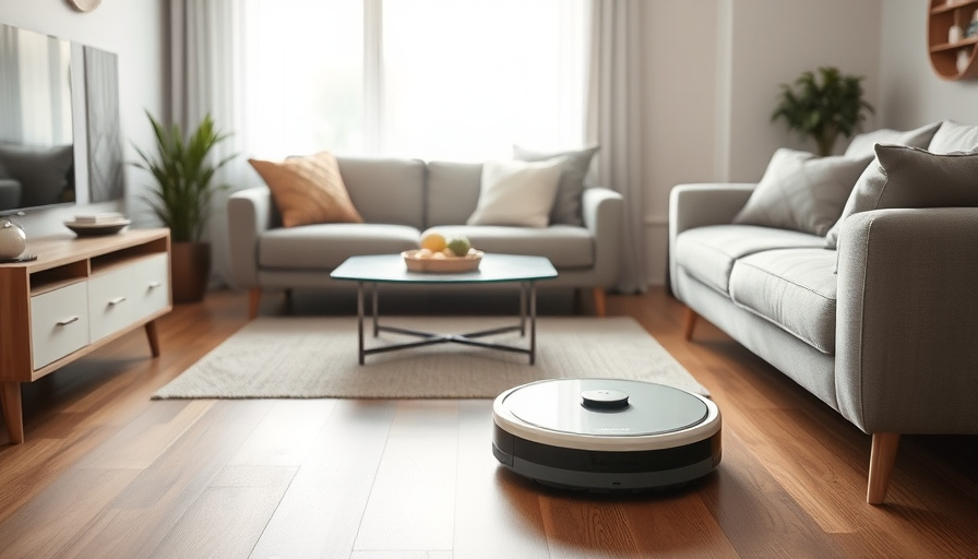 A modern living room with a robotic vacuum cleaner in action, seamlessly navigating around furniture. Soft, natural ligh
